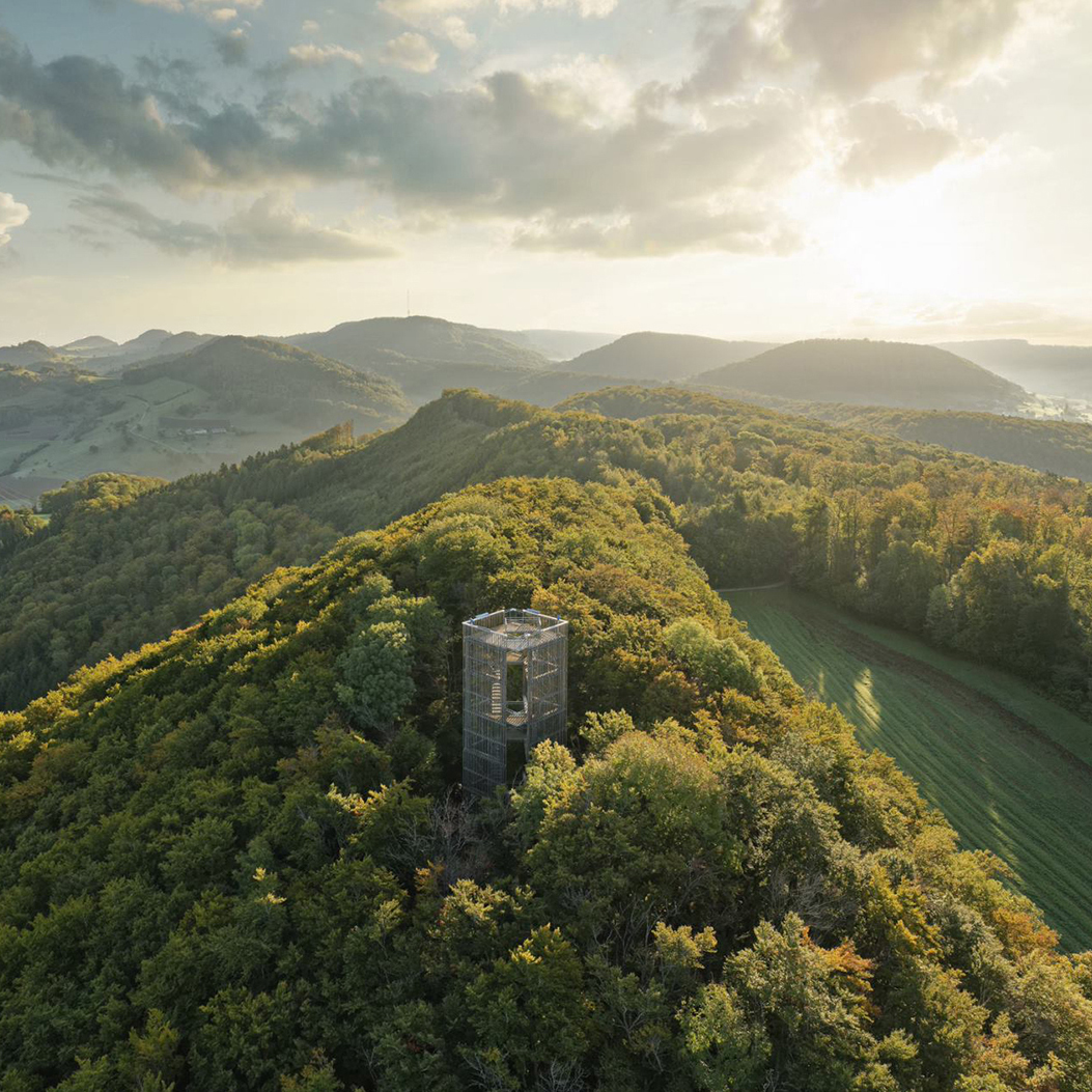 Blick auf den Cheisacherturm mitten in einer Waldlandschaft im Jurapark Aargau.