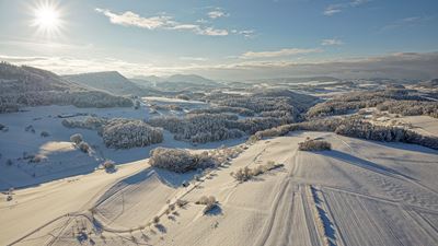 Snowy landscape with wooded hills