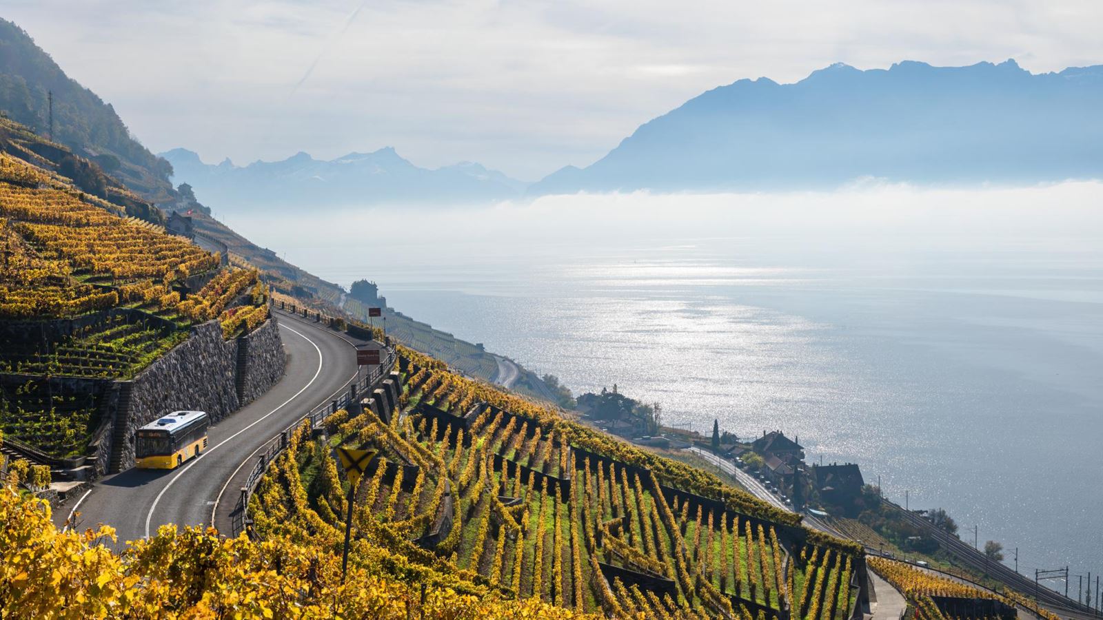Le car postal longe les vignobles en terrasses et leurs couleurs chatoyantes d’automne.