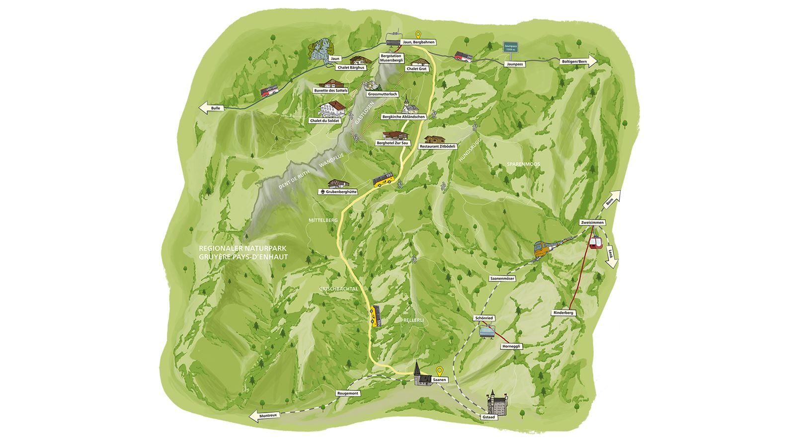 Gezeichnete Landkarte auf der man sieht, wo die Mittelberg-Linie überall Halt macht.