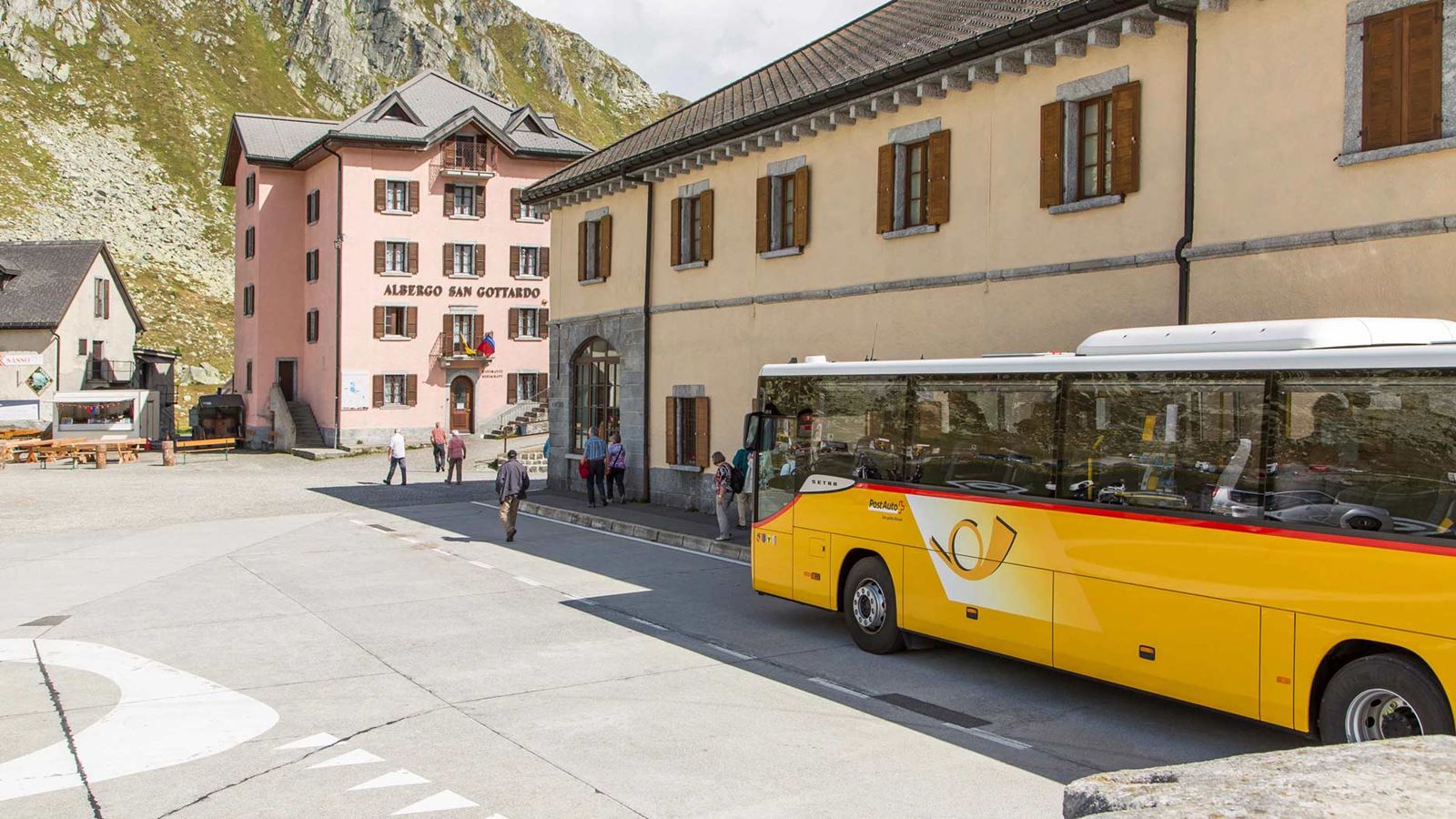 A Postbus travels over the Gotthard Pass.