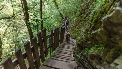 Zwei Personen wandern auf einem Weg im Park der Breggia-Schluchten. © Ticino Turismo, Alessio Pizzicannella