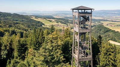 Drone photo of the top section of the Chutzenturm observation tower with a view over the Seeland region as far as the Chasseral. @Mike Niederhauser Merlin Photography