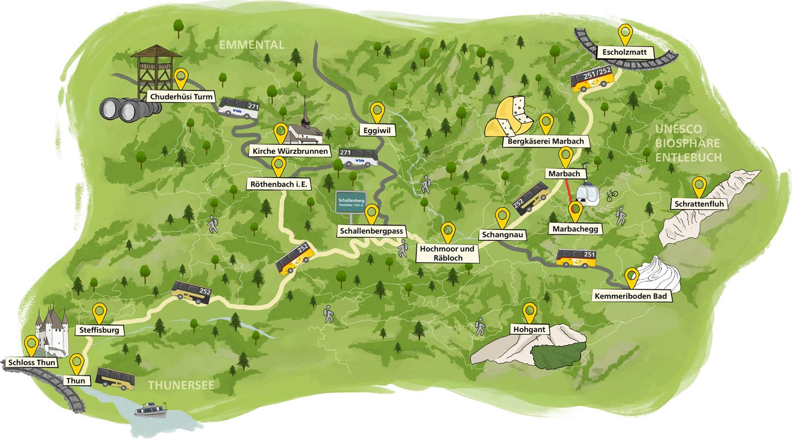 Cartina disegnata sulla quale si vedono i punti fermi della linea Schallenberg.