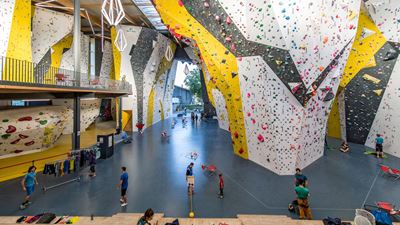 Diverses personnes se tiennent debout et font de l’escalade au centre d’escalade de Griffig à Uster.