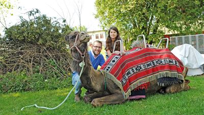 Girl and man with a sitting camel in a meadow on Ben’s camel farm in Oberglatt