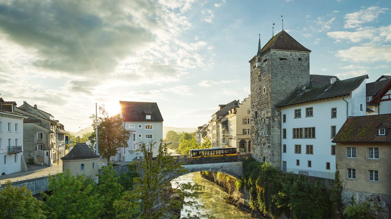 Postauto fährt bei einer Linde vorbei