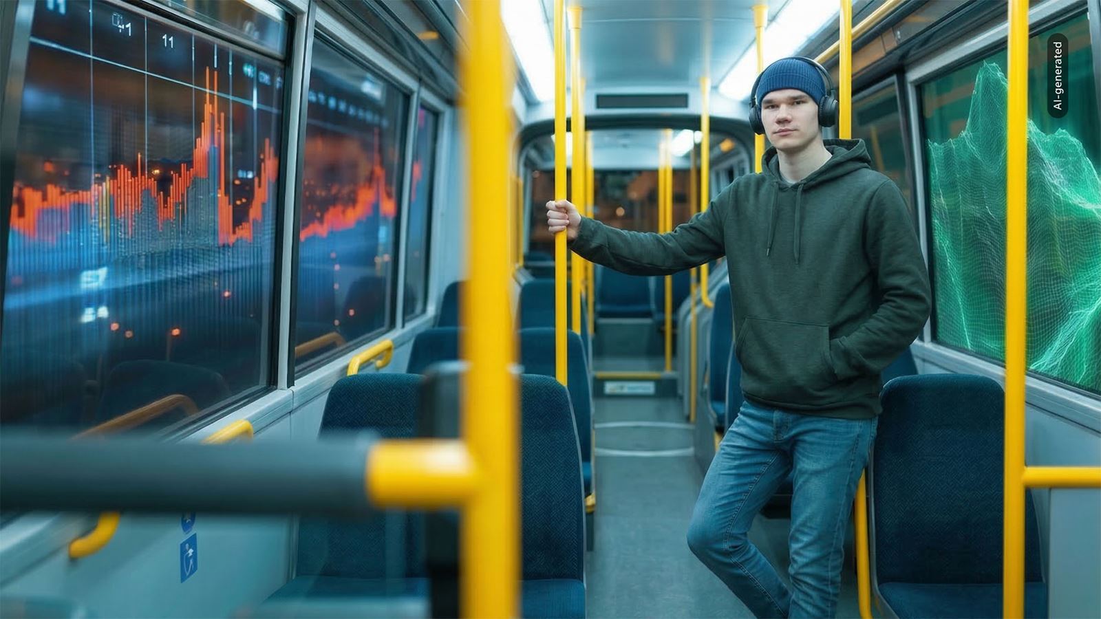 A person stands inside a modern tram holding a yellow support pole. The person is wearing a hoodie, a beanie, jeans, and headphones. Colorful data charts and graph lines are displayed on the tram windows. Rows of seats and additional handrails are visible in the background.
