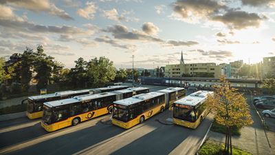 Plusieurs cars postaux à l’arrêt dans la lumière du matin à la gare de Bülach