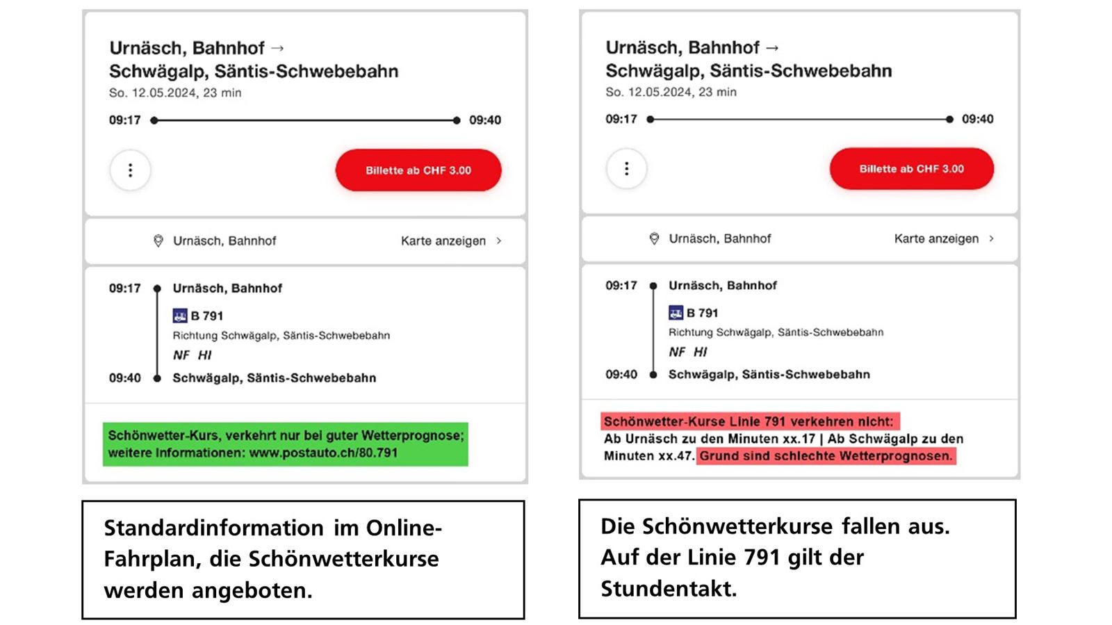 The two timetable displays in good and bad weather.