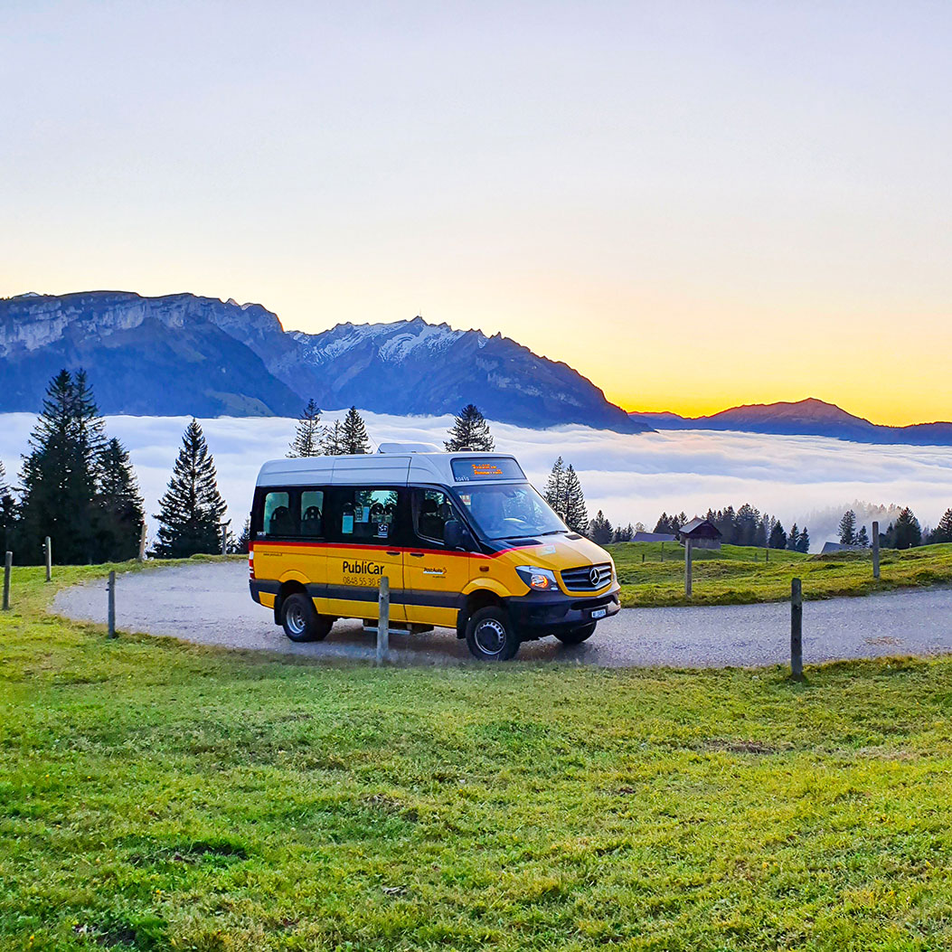 PubliCar with sunset in background